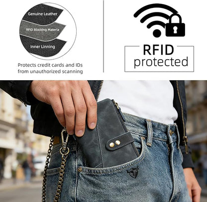Genuine Crazy Horse Leather Travel Gift Coin Pocket Card Case Long Organizer Chain Rfid Wallet Purse With Snap For Men Male 1803 1815 (1803 The Blue)