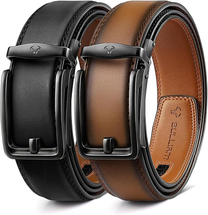 BULLIANT Men Ratchet Belt 2 Pack, Click Sliding Leather Belt Adjustable for Gift Men Dress Casual Jeans 1 3/8,Cut for Fit