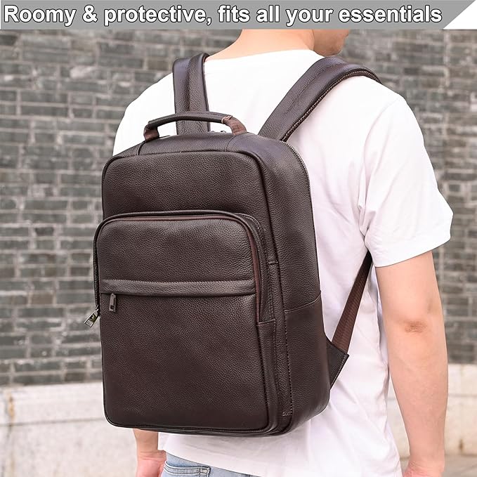 Durable Genuine Leather Backpack - 15.6 Inch Laptop Bag for Business Commute & Travel, Large Capacity Multi-Pocket Backpack for Men/Women, Coffee