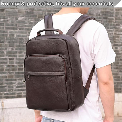 Durable Genuine Leather Backpack - 15.6 Inch Laptop Bag for Business Commute & Travel, Large Capacity Multi-Pocket Backpack for Men/Women, Coffee