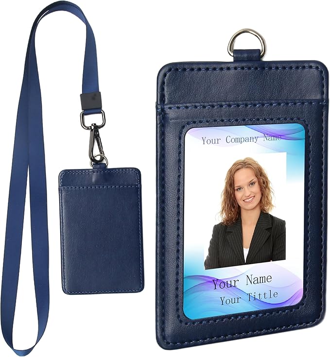 Leather Badge Holder with Adjustable Lanyards,Swivel Metal Clasp for Offices, Staff, Students, Employees (Blue)