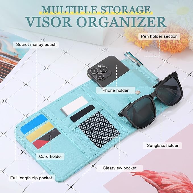 Boao 2 Packs Car Sun Visor Organizer, Sunglasses Holders for Car Sun Visor PU Auto Interior Accessories Storage Travel Document Holder with Multi Pocket (Blue, 12.2 x 6.1 Inches)