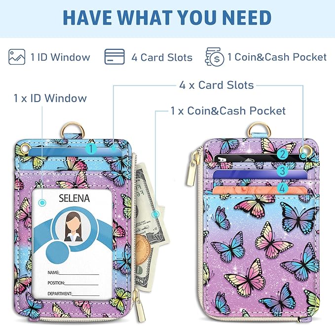 Piefly Butterfly Lanyard Wallet with ID Badge Holder, Small RFID Wallet Women Keychain Wristlet, Slim Credit Card Holder Case with Zipper Pocket Phone Lanyard Wrist Strap Name Tag Office Teacher Gift
