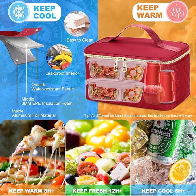 Lunch Backpack, 15.6 inch Laptop Backpack with Insulated Lunch Bag, Backpack Cooler for Women, Large Travel Backpack Lunch Box Compartment, Work Computer Backpack, Teacher College Book Bag, Red