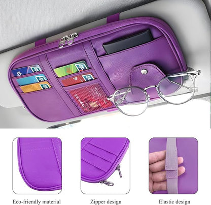 Car Sun Visor Organizer, Leather Multi-Pocket Visor Organizer Pouch with Double Zippers Net, Sunglass Holder Storage Pocket for License Pen Key Card Registration Document (Purple)