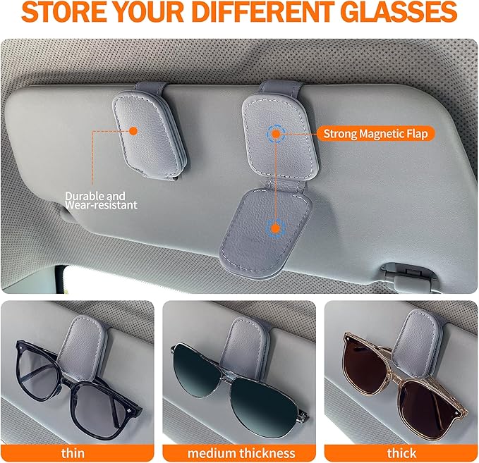 Shering Sunglasses Holders for Car Sun Visor, 2pack Magnetic Leather Glasses Eyeglass Hanger Clip for Car, Ticket Business Card Clip Eyeglasses Mount Car Visor Accessories (Grey)