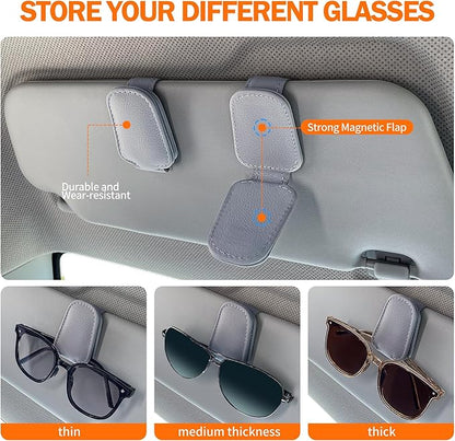 Shering Sunglasses Holders for Car Sun Visor, 2pack Magnetic Leather Glasses Eyeglass Hanger Clip for Car, Ticket Business Card Clip Eyeglasses Mount Car Visor Accessories (Grey)
