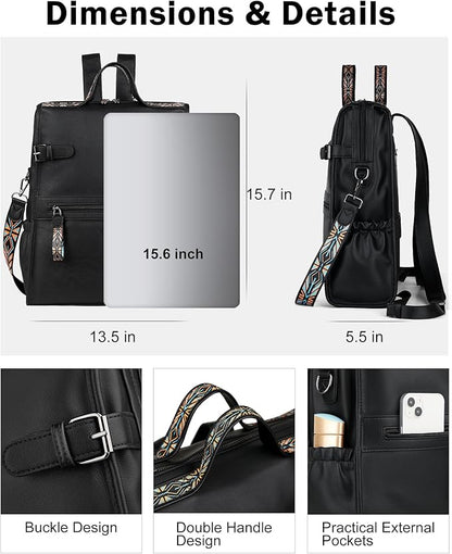 FADEON Leather Laptop Backpack for Women, Designer Ladies Work Travel Computer Backpack with Laptop Compartment Purse Black