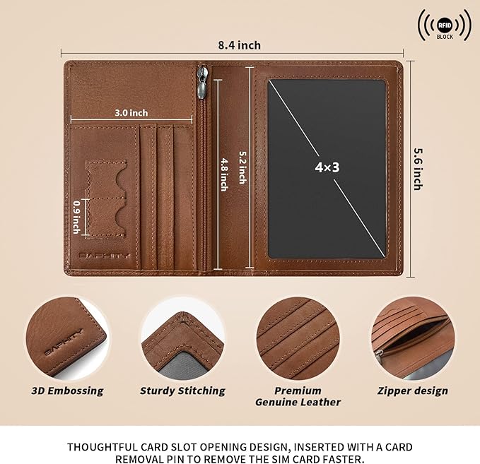 BAPHITY Genuine Leather RFID Blocking Passport Holder Wallet with Zipper Hidden Pocket,Luxury Cover for Men Women,Ideal Gift-red-brown