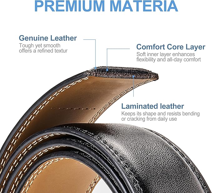 Men's Leather Ratchet Belt, 1-3/8" Wide, Auto Buckle, Trim-to-Fit, No Holes, Casual & Dress, Gift Box