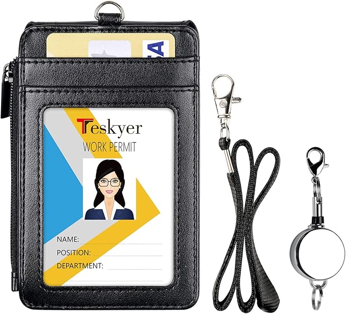 Teskyer Leather Badge Holder with Lanyard and Retractable Badge Reel, 4 Card Slots ID Card Holder with 1 Zipper Pocket for Office School Name Work IDs, Black