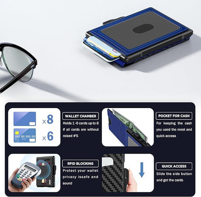 umoven Wallet for Men - Pop Up Case, Cash Slot, and Credit Card Slot - Slim Aluminum Wallet with RFID Blocking, Minimalist Leather Wallet Front Pocket with ID Window (Carbon Blue)