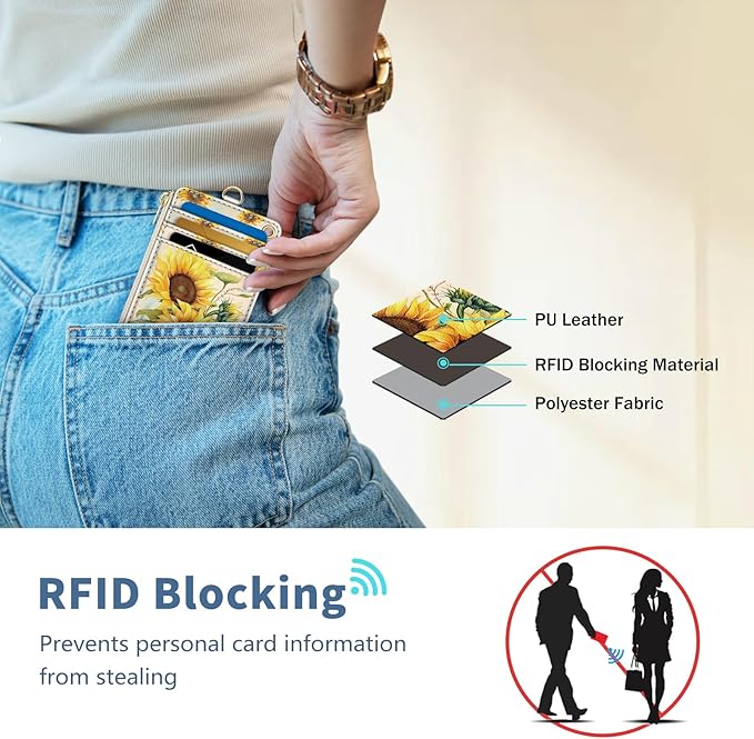 Lanyard Wallet with Id Badge Holder, Sunflower RFID Small Keychain Wallet Women Wristlet, Cute Zipper Credit Card Holder Phone Wrist Neck Strap for Key Name Tag, Teacher Student Office Gifts