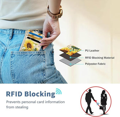 Lanyard Wallet with Id Badge Holder, Sunflower RFID Small Keychain Wallet Women Wristlet, Cute Zipper Credit Card Holder Phone Wrist Neck Strap for Key Name Tag, Teacher Student Office Gifts