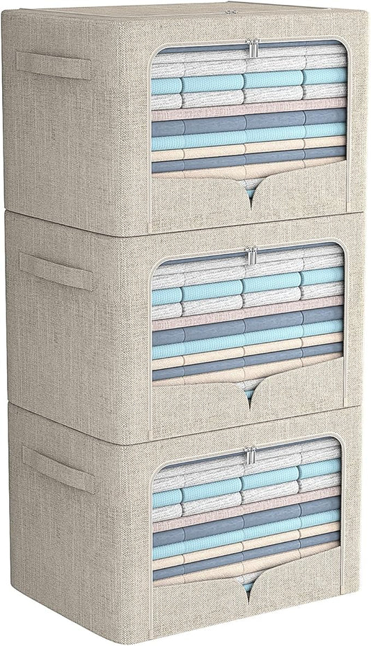 FHSQX 3 Pack Clothes Storage Bins Foldable Metal Frame Storage Box Stackable Linen Fabric Organizer Set with Carrying Handles and Clear Window (Beige, 15.7x11.8x7.8inch(22L))