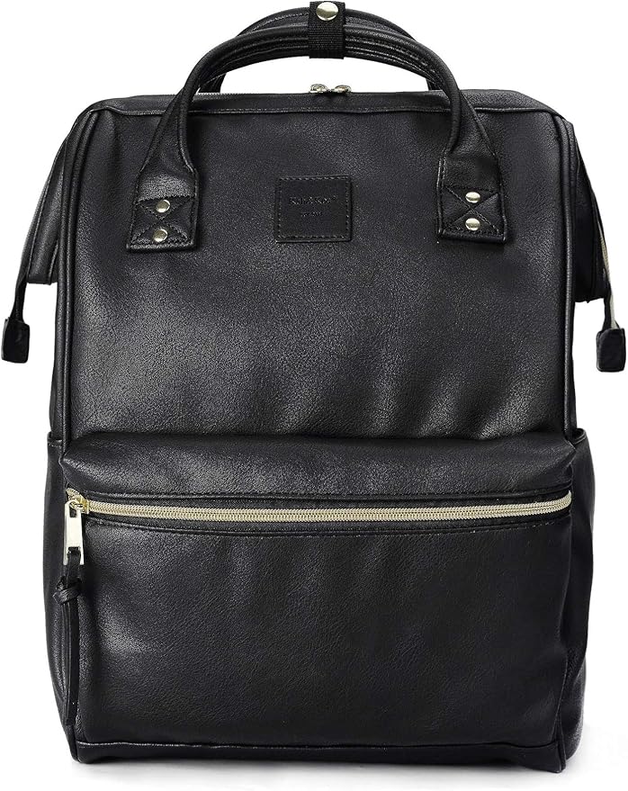 Kah&Kee Leather Laptop Backpack for Women, 14-15 Inch Professional Work Bag, Water-Resistant Vegan Leather Doctor Bag Backpack for Teacher, Nurse & Travel, Fits MacBook Air 15 (Black,Medium)