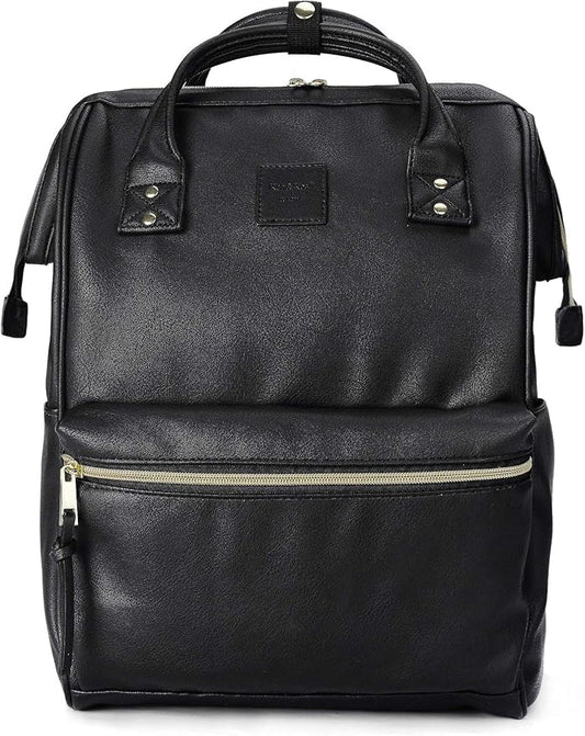 Kah&Kee Leather Laptop Backpack for Women, 14-15 Inch Professional Work Bag, Water-Resistant Vegan Leather Doctor Bag Backpack for Teacher, Nurse & Travel, Fits MacBook Air 15 (Black,Medium)