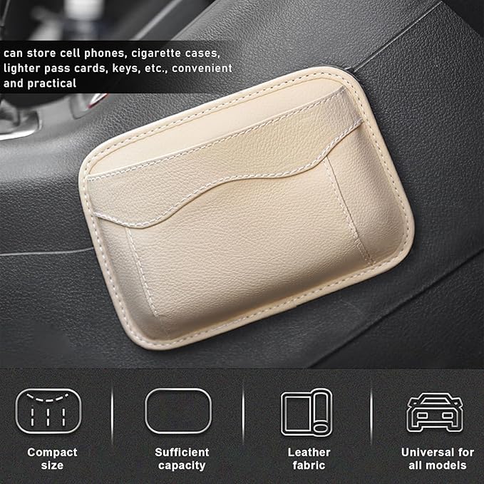 povtii Car Seat Side Pocket Organizer, PU Leather Cell Phone Sunglasses Storage Pocket, Mini Seat Gap Filler Pouch for Auto Seat Door Window Console, Interior Car Accessories (Beige)