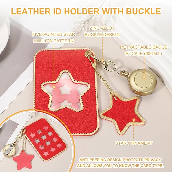 PATIKIL Retractable Badge Holders, Cute Leather ID Holder with Badge Reels Keychain ID Card Clip Protector Cover for Women Work Office Business Trip, Red