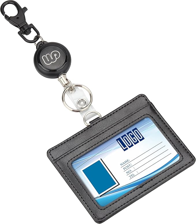 Wisdompro ID Badge Holder with Retractable Keychain, 2-Sided PU Leather Pass Card Holder with 2 Card Slots and Badge Reel for Work, School, Metro, Bus, Access Card - Black, Horizontal
