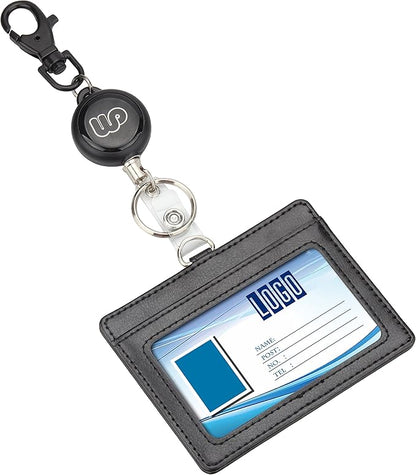 Wisdompro ID Badge Holder with Retractable Keychain, 2-Sided PU Leather Pass Card Holder with 2 Card Slots and Badge Reel for Work, School, Metro, Bus, Access Card - Black, Horizontal