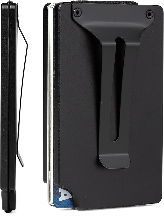Minimalist Carbon Fiber Wallet for Men, Money Clip Cash Strap Wallet, RFID Blocking Metal Wallet Aluminum Card Holder,Front Pocket Wallet-Wood Flag