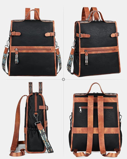FADEON Leather Laptop Backpack for Women, Designer Ladies Work Travel Computer Backpack with Laptop Compartment Black Brown