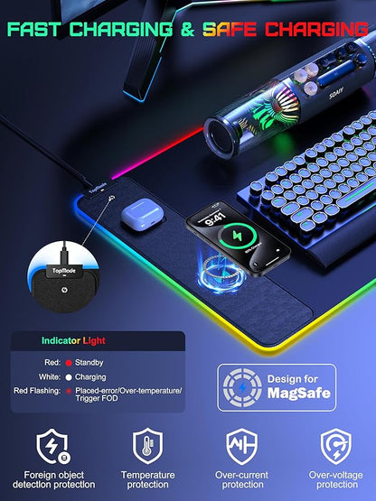 TopMade Wireless Charging RGB Mouse Pad, Waterproof Gaming Desk Mat with 4 Light Modes & 11 RGB Colors, 31.5"x15.75" XXL Large Desk Pad(Includes 20W PD Power Adapter & 6.56ft Woven Cable)