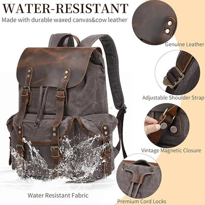 Wogarl Vintage Leather Canvas Backpack, Waxed Canvas Shoulder Rucksack with Toiletry Shoulder Rucksack for Traveling, Camping, Hiking,Business College Fits 17inch Laptop,Grey