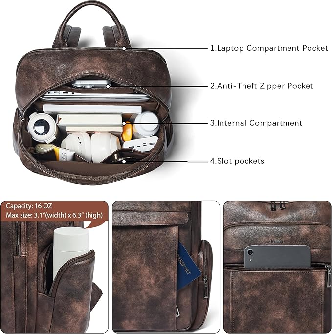 Shrrie Leather Laptop Backpack for Women with 17 inch Vegan Leather Computer Backpack Purse for Travel College Work