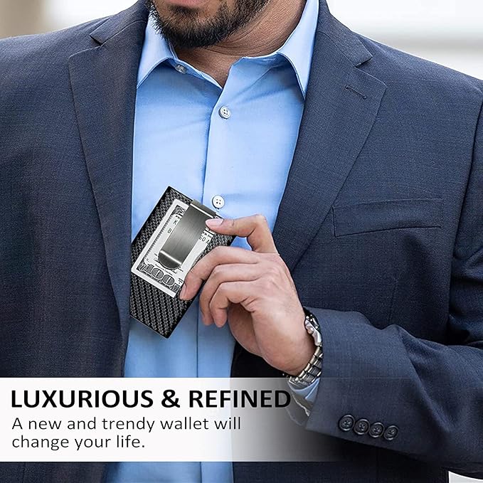 MOSIYEEF Slim RFID Blocking Card Holder Wallet for Men - Minimalist Pop Up Credit Card Holder Wallet with Stainless Steel Money Clip, Carbon Fiber Leather Case, Holds 6 Cards - Ideal Gift for Him