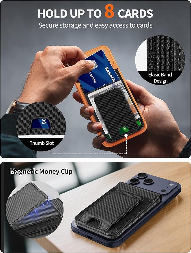 TopMade for MagSafe Wallet with Money Clip, Works with Apple Find My, Magnetic Wallet for iPhone 17/16/15/14/13/12 Series, for iPhone Wallet Stand with Finder Tracker, Black Carbon Fiber