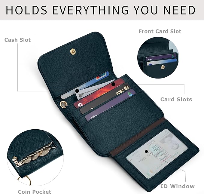 Women Small Wallet RFID Blocking Slim Wallet with Coin Pocket Tri-Fold Credit Card Holder with ID Window and Keychain (Lake Blue)