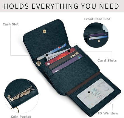 Women Small Wallet RFID Blocking Slim Wallet with Coin Pocket Tri-Fold Credit Card Holder with ID Window and Keychain (Lake Blue)