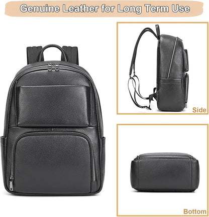 Genuine Leather 15.6 Inch Laptop Backpack for Men, Multi Pocket Casual Daypack Shoulder Bag for Business Travel Outdoor, Black