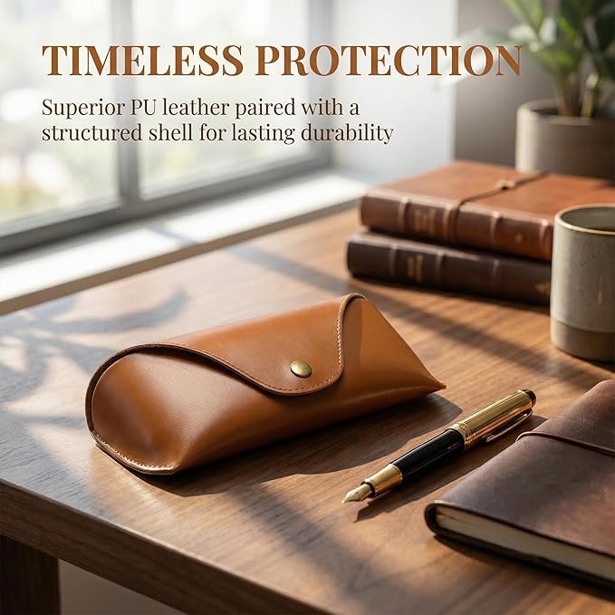Brown Leather Glasses Case, Portable Hard Shell Eyeglasses And Sunglasses Pouch For Women & Men
