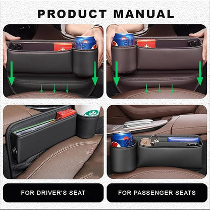 2-Pack car seat Gap Filler Organizer with Cup Holder, Adjustable Car Seat Gap Storage Box Leather with Cup Holder for Phones Glasses Keys Cards (Black. Driver- Passenger)