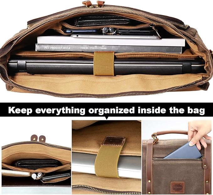 Manificent Laptop Messenger bag for Mens 15.6 Inch, Waterproof Vintage Genuine Leather Mens Briefcase shoulder bag 16 Storage Pockets, Waxed Canvas Leather Computer Business Satchel Work Bag (Brown)