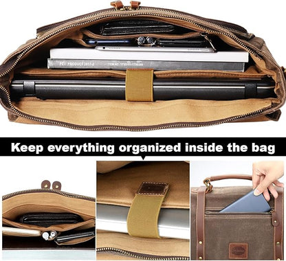 Manificent Laptop Messenger bag for Mens 15.6 Inch, Waterproof Vintage Genuine Leather Mens Briefcase shoulder bag 16 Storage Pockets, Waxed Canvas Leather Computer Business Satchel Work Bag (Brown)