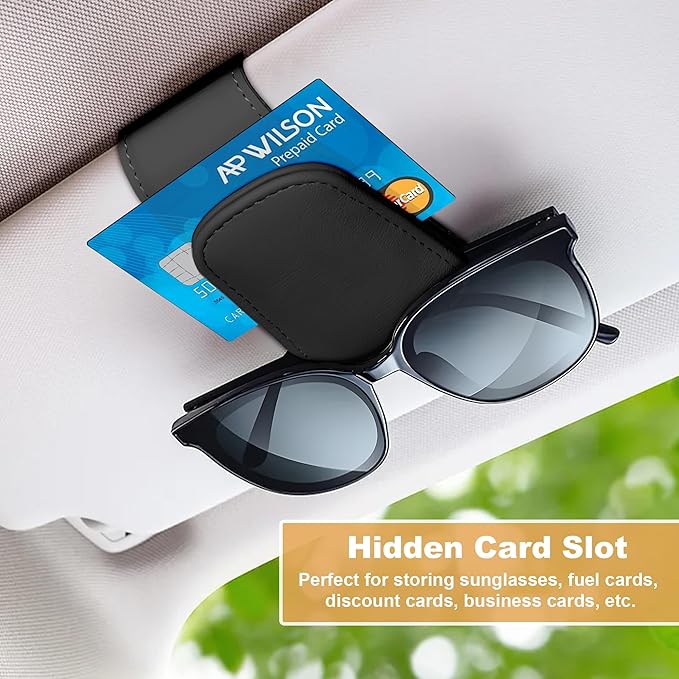 Sunglass Holder for Car, Magnetic Leather Car Sunglass Holder, Visor Sunglasses Holder Clip, Sunglasses Clip for Car Visor, Sunglass Holder for Ticket Card and Different Size Eyeglasses(1 Pack, Black)