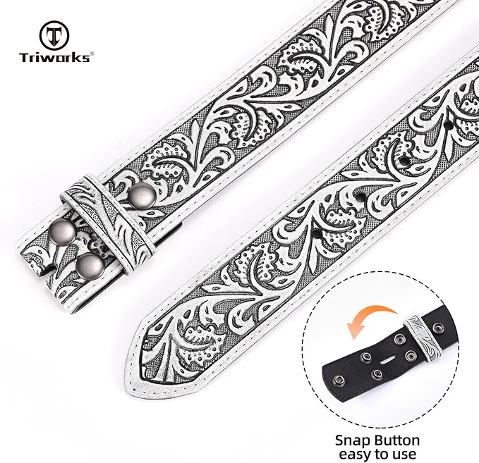 TRIWORKS Western Belt Strap for Men without Buckle 1.5" Wide Floral Engraved Embossed Leather Belt Strap