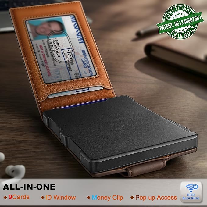 BULLIANT Men Wallet,Metal Case Money Clip with Grain Leather Flip 11 Cards-Pop-up Access Magetic Closure