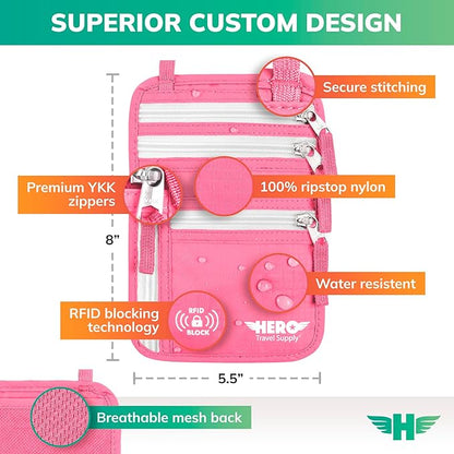HERO Neck Wallet - RFID Blocking Passport Holder, Easy to Conceal Travel Pouch (Hot Pink)