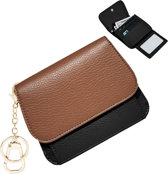Women Small Wallet RFID Blocking Slim Wallet with Coin Pocket Tri-Fold Credit Card Holder with ID Window and Keychain(Brown＆Black)