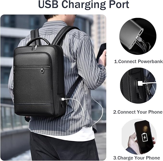 CHAO RAN Leather Laptop Backpack for Men Fit 15.6 Inch Laptop, Business Work Office College Medium Backpack with USB Charging Port, Waterproof Black Travel Bag (Black03)