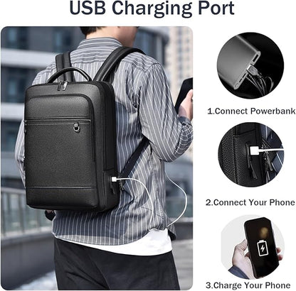 CHAO RAN Leather Laptop Backpack for Men Fit 15.6 Inch Laptop, Business Work Office College Medium Backpack with USB Charging Port, Waterproof Black Travel Bag (Black03)