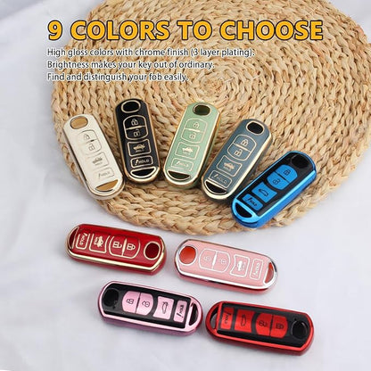FT FUNTOR for Mazda Key Cover,4 Buttons TPU Key Cover with Silver Edge,Compatible with Mazda 3 6 8 CX-3 CX-5 CX-7 CX-9 atenza Miata MX-5 with Keychain (B-Pink)
