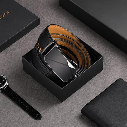 SENDEFN Leather Belt for Men Automatic Ratchet Buckle Slide Dress Casual Belts 1 3/8'' Wide Adjustable Trim to Fit(Black-20)