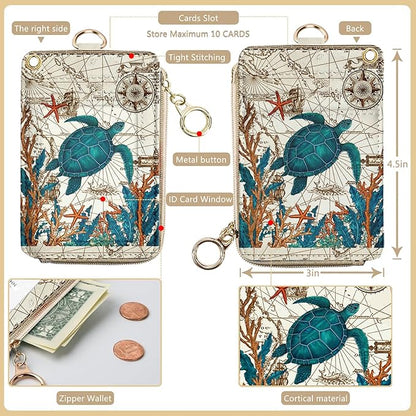 bolimoss Turtle Lanyard Wallet with Id Badge Holder, Cute RFID Small Wristlet Keychain Wallet, Zipper Credit Card Holder Phone Wrist Neck Strap for Key Name Tag, Teacher Student Office Women