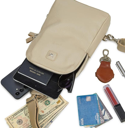 Leather Sling Bag for Women Genuine Crossbody Purse Small Trendy Cross Over Chest with Phone and Credit Card Slots (Beige Nappa)